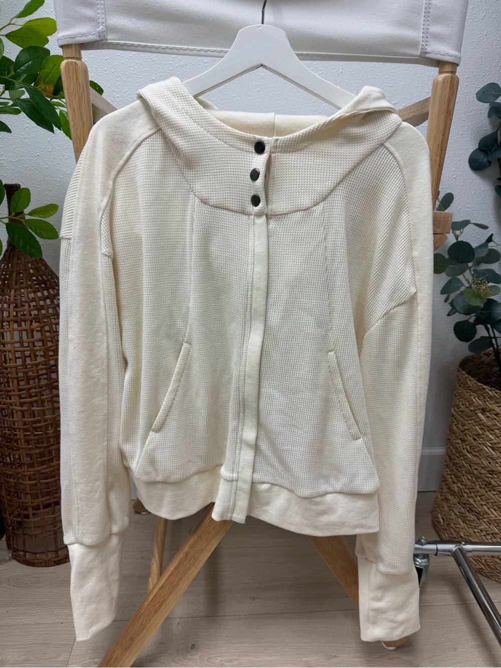 Cream waffle knit zip hoodie XL snap neck oversized relaxed fit